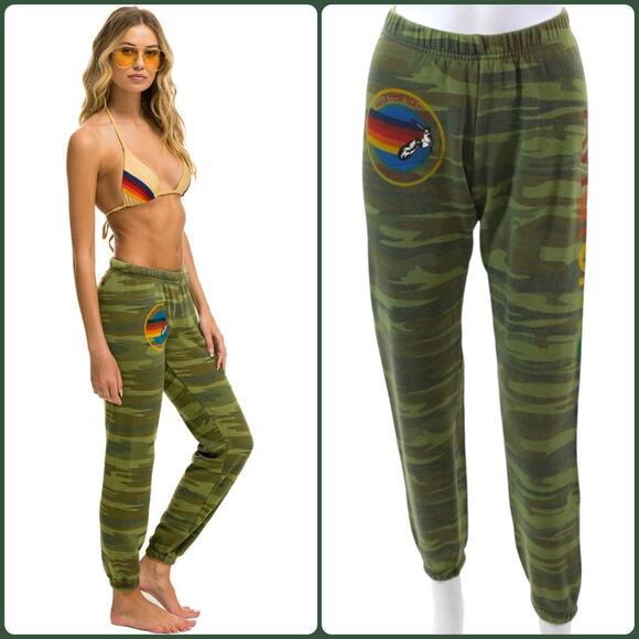 Aviator Nation Camo Sweatpants XS Rainbow Venice Logo Patch Joggers - Picture 1 of 15